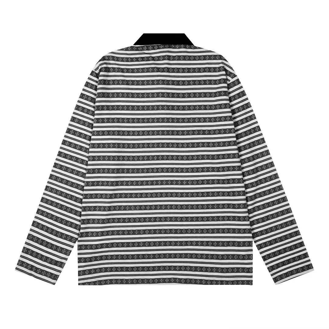 P210 White background picture [Popular item] Code: 25020# Color: Black/Pink/Blue Size: S to - CH Croix heart niche design cross jacquard striped long sleeves brings striped Polo to Next Levels. Loose fit. Same style for men and women. Lazy and casual. Street style. Three colors. Customized style.